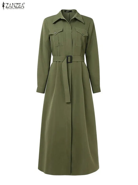 Women Autumn Cargo Maxi Long Dresses Casual Long Sleeve Pockets Belted Collared Shirt Dress Commuting Workwear S-3XL