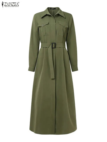 Women Autumn Cargo Maxi Long Dresses Casual Long Sleeve Pockets Belted Collared Shirt Dress Commuting Workwear S-3XL
