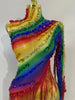 Women Colorful Sparkly Rhinestones Tassel Sexy See-Through Dress One Shoulder Latin Dance Outfits Nightclub Party Stage Costume