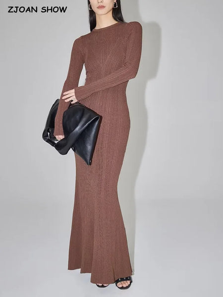 Sexy O Neck Ribbed Knitting Fishtail Sweater Dress Women Full Sleeve Stretch Basic Bodycon Maxi Long Mermaid Robe Vestido