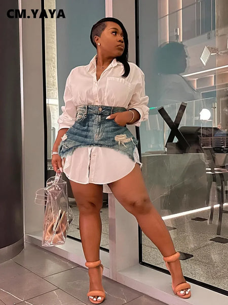 Vintage Women Long Sleeve Turn-down Collar Shirt Blouse Style Dress with Denim Jean Irregular Mini Skirt Two 2 Piece Set