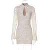 Lace Hollow Out Long Sleeve Sexy Mini Dress For Women Half High Collar Bodycon Club Party Dress Elegant Dresses