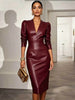 European American Women Deep V Puff Shoulder Faux Leather Midi Dress Long Sleeve Cinched Waist Bodycon Dress