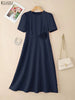 Elegant Chic Fabric Flower Womens Midi Dresses O-Neck Short Puff Sleeve Fitted Waist A-Line Dress S-3XL