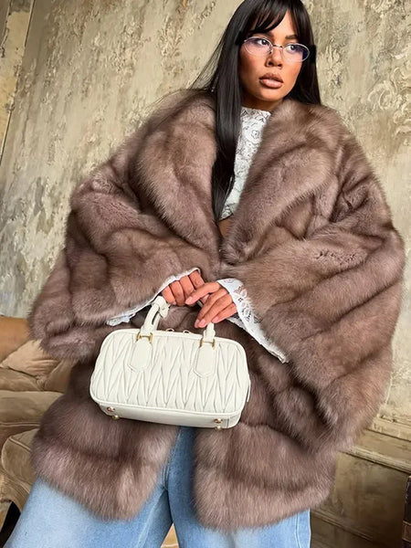 Women Solid Faux Fur Coat Elegant Lapel Collar Long Flare Sleeve Loose Jackets Winter Warm Female Chic High Street Outerwear