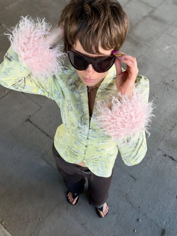 Satin Jacquard Fluffy Fur Cuffs Patchwork Blazer Light Green V Neck Long Sleeve Slim Outerwear Lady Fall Party Daily Jacket