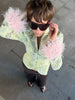 Satin Jacquard Fluffy Fur Cuffs Patchwork Blazer Light Green V Neck Long Sleeve Slim Outerwear Lady Fall Party Daily Jacket