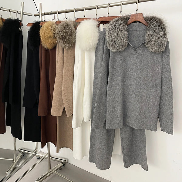 Reality Fur Jacket Pullover Set Woman Spring Knitted Suit Knitwear Female Real Fox Fur Collar Sweater Lady Autumn Knitted