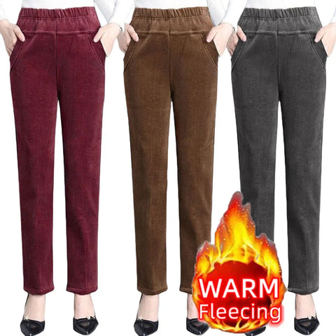 Plus Size Autumn Winter Plush Thick Thin Elegant Women's Pants High Waist Fleece Pencil Pants Corduroy Leggings OL Trousers