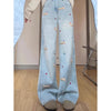 Winter Y2k Pants For Women American Embroidered Flared Jeans Thick Fleece Lined High Waist Loose Fit Denim Trousers