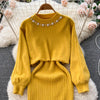 Winter Women Knitted Sets Breading Long Sleeve Pearl Sweater+Knitted Camis Dress Sets Sweater Suits