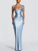 Elegant Satin One Shoulder Ruched Women Maxi Dress Sexy Low Chest Backless Bandage Cinched Waist Mermaid Evening Dresses