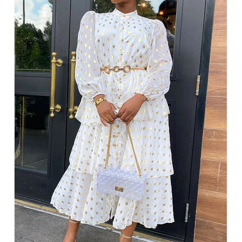 Elegant Women Ruffles Midi Dresses Dot Printing Long Sleeve Buttons Up Ball Gowns French Style Female Chiffon Dress