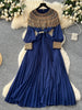Spring Autumn French Sequin Nail Bead Long Sleeved Dress Women Elegant Temperament Birthday Party Pleated Long Dress C227