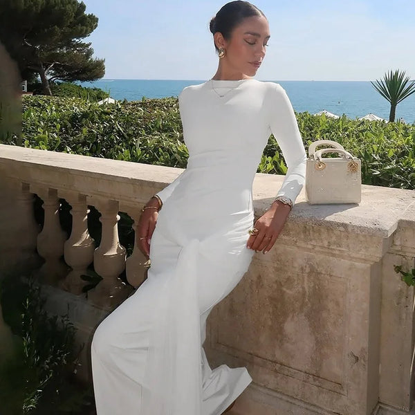 Elegant Long Sleeve Lace Up Bodycon Maxi Dress Women Spring Autumn O Neck White Black Party Evening Long Dresses Outfits