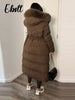 Warm Fur Collar Elastic Waist Hooded Coat Women's Elegant Waist-cinching Zippers Long Cotton Coats Winter Lady Outwear