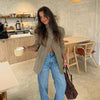Women's Blazer Stand Collar Full Sleeve Single Button Female Plaid Blazers Autumn Chic Casual Commute Lady Coat