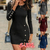 Women's Long-sleeved Dress O-neck Pullover High-waist Slim Button Girl Hip-covering Short Skirt