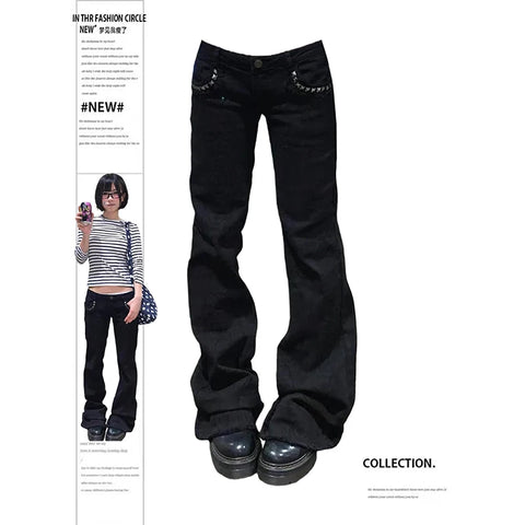 Women Low Rise Jeans Black Flared Denim Pants Gyaru American Retro Korean Cyber Punk Trumpet Jeans Y2k Skinny Bell Bottom