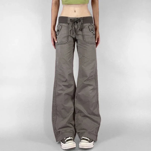 Retro Lace-up Low Rise Pants Streetwear Patchwork Loose Casual for Women Harajuku Straight Trousers Korean