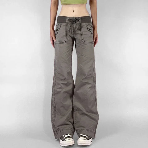 Retro Lace-up Low Rise Pants Streetwear Patchwork Loose Casual for Women Harajuku Straight Trousers Korean