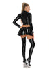 Women Glossy 2-piece PU Leather Club Outfits Long Sleeve Front Zipper Crop Jacket and Pleated Miniskirt Set for Pole Dance Raves