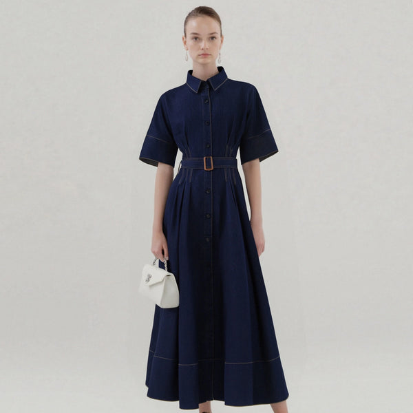 Women's Denim Long Dress Autumn Texture navy blue Women's Business Long Dress