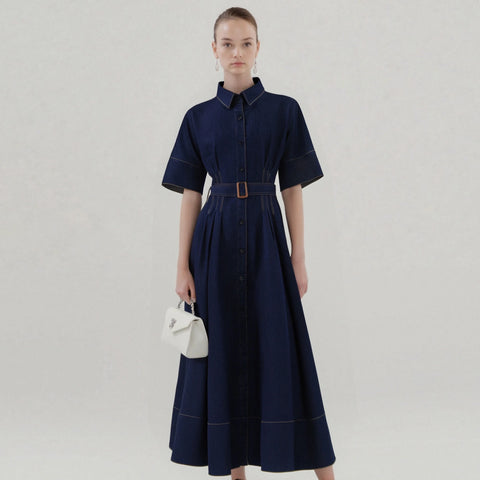 Women's Denim Long Dress Autumn Texture navy blue Women's Business Long Dress