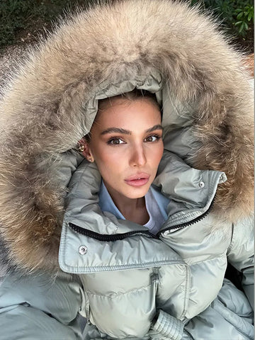 Women's Hooded Faux Fur Trim Padded Coat Solid Stand Belt Waist Zipper Stylish Versatile Jacket Winter Warm Parka Outerwear