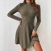 Women's Slim Fit Half High Collar Waist Cinched A-Line Skirt Long Sleeved Pit Stripe Dress