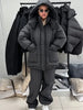 Print Hooded Puffer Coat Set Women Quilted High Neck Full Sleeve Zip Pockets Jacket Wide Leg Pants Winter Warm Sets