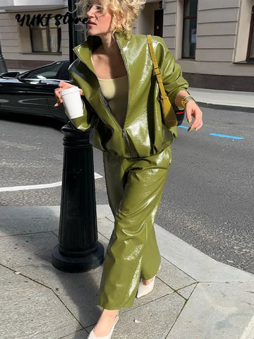 Chic Stand Collar Leather Long Skirt Sets Women Long Sleeve Jackets Spliced Solid Skirts Autumn Lady Y2k Outfits Dress