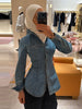 Women's Denim Lace Up Jacket Lapel Neck Waist Cinching Button Front Long Sleeve Coat Spring Femlae Casual Daily Outerwear