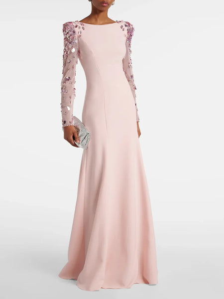 High Street Designer Women's Spliced Mesh Diamonds Beaded Long Sleeved Floor Length Maxi Long Dress