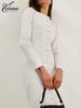 Elegant White O-Neck Womens Dresses Wrist Sleeve Single Breasted Dresses Casual High Waisted Ankle-Length Dress