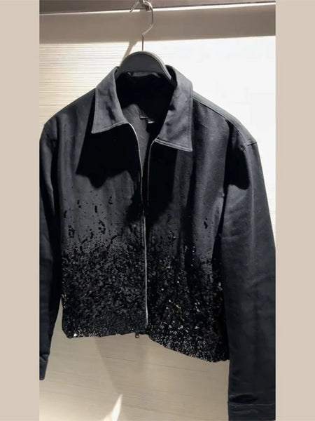 Black Sequined Jacket Lapel Neck Dull Sleeve Zipper Pocket Coat Spring Autumn Female High Street England Style Outewear