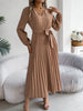 Spring Autumn Elegant Buttons V Neck Lantern Long Sleeve Lace Up Pleated Dress Khaki Blue Red Green Black Women Dresses