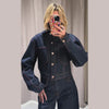 Heart Print Contrast Women Denim Two Piece Set Lapel Waist Cinched Cropped Jacket Wide Leg Jeans Outfit Woman Matching Set