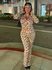Leopard Contrast Letter Print 2 Piece Set Women Hooded Full Sleeve Crop Jacket+Skinny Stretch Flare Pants Suits