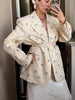 Elegant Flower Printed Loose Suit Collar Coat Belted Waist Shoulder Pad Long Sleeve One Button Blazers Lady Street Chic Top