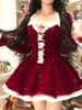 Autumn Winter Red Velvet Square Neck Dress Women Chic A-Line Princess Dress Sweet Elegant Style Christmas Year Party Clothes