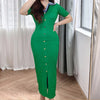 Women Dress Chic Notched Rib Knitted Long Dress Office Lady Single-breasted Package Hips Sweater Dress Vestidos