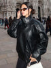 Women Pu Leather Black Coats Stand Collar Long Sleeve Zipper Jacket Woman Vintage High Street Pu Jackets