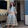 Retro Floral Print Women's Long Dress With Tassel Belt Stand Collar Long Sleeve Muslim Kaftan Dresses Spring Lady Robes