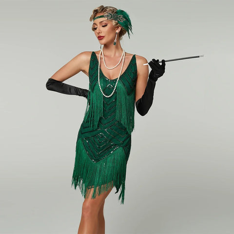 1920s Flapper Roaring Plus Size 20s Great Lady MIni Short Dress Gatsby Fringed Sequin Beaded Lady Mini Tassels Dress