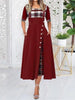 Women's Irregular Lattice Patchwork Long Dresses Vintage Buttons O Neck Half Sleeves Casual Lady Commuting Dress