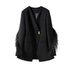 Woman Vintage V-collar Feather Tassel Stitching Blazer Coat Black Loose Suit Jacket Female Long Sleeve Fur Patchwork Outerwear
