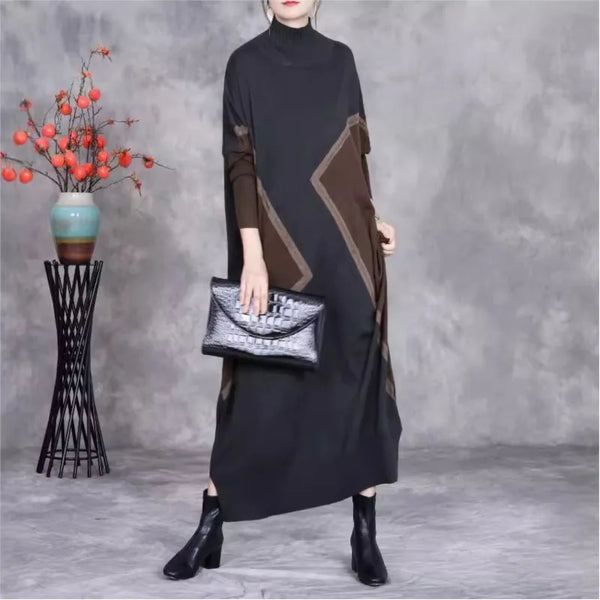 Woman Autumn Mock Neck Loose Long Sleeves Dress Chinese Style Contrast Batwing Sleeve Casual Dress