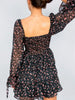 Women Sexy Cross Bandage Black Flower Print Puff Long Sleeve Dress 3 Layer Wood Ears Ruffles Hem Cake Mini Holiday Robe