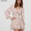 Women White Pink Flower Print Puff Long Sleeve Dress Open Buttons Wood Ears Ruffles Hem Mini Shirt Dresses Holiday Robe